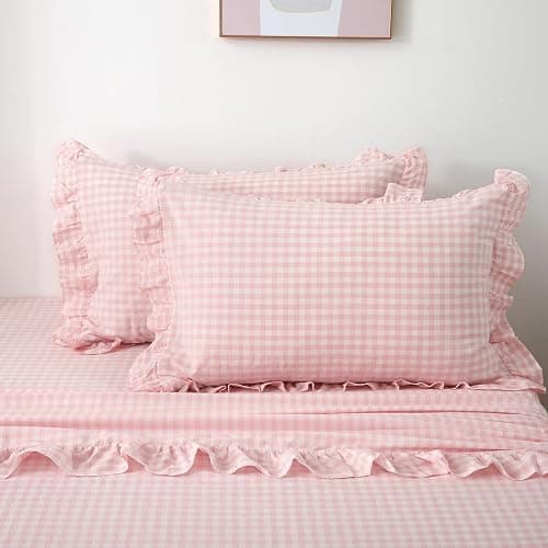 K MASANIJI 2 Pack Blush White Plaid Ruffle Gingham Pillow Shams Standard Size, 100% Washed Cotton Checkered Farmhouse Pillowcases for Bed/Sofa - 20''x26'' thumbnail 3