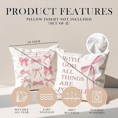 GTYNU Coquette Pink Bow Christian Throw Pillow Covers 18x18 Set of 2,Pink Bow Christian Room Bedroom Dorm Decor Aesthetic for College Teen Girls Gifts, Inspirational Bible Verses Bow Pillowcase（02） thumbnail 6