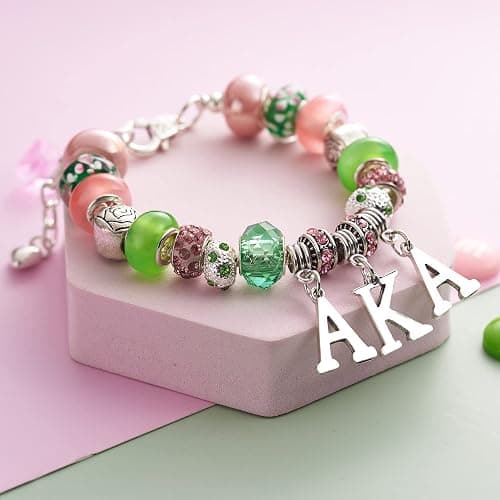 AKA Sorority Gifts for Women Paraphernalia Sorority Bracelet Pink and Green Jewelry Greek Crystal Charm thumbnail 3