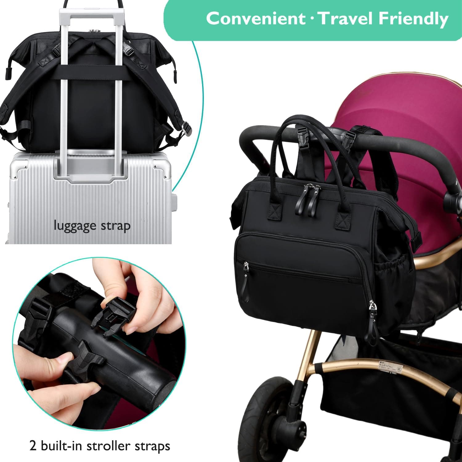 Bolsa de pañales convertible, mochila de pañales resistente al agua con bolsillos antirrobo y clips para carriola thumbnail 5
