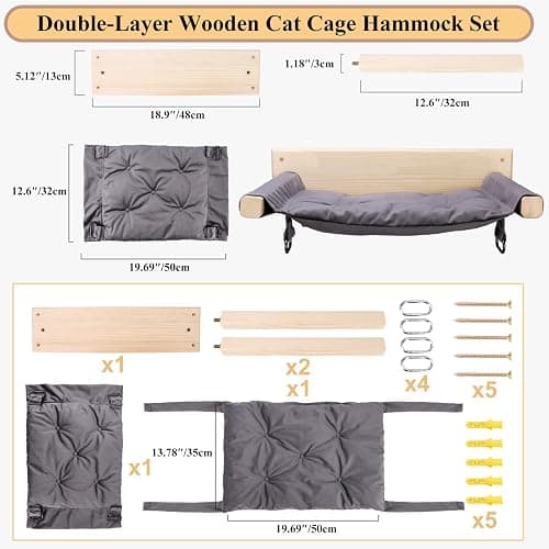 JSPYFITS Wooden Cat Wall Hammock, 18.9 x 12.6 Inch Double Layer Cat Furniture Hammock, Large Removable Multi-Function Cats Bed for Sleep/Play/Climb/Lounge Easy DIY Installation(Grey) thumbnail 7