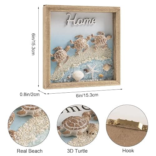 pechpell 3D Beach Wall Decor, 6" Wooden Framed Home Sign with Sea Turtle Starfish Seashell Conch, Summer Coastal Art Ocean Beachy Themed Room for Bathroom Bedroom Table Shelf Office Desk Decorations thumbnail 3