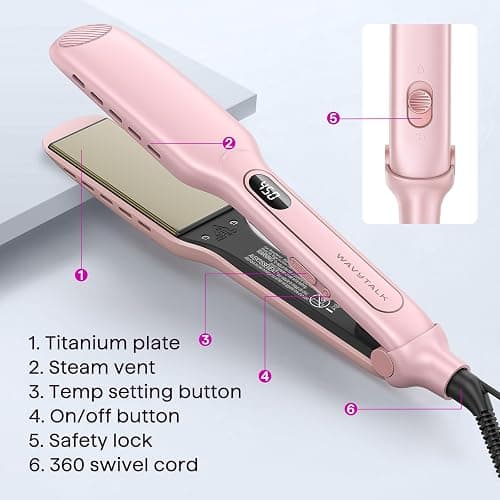 Wavytalk Wet to Straight Hair Straightener, Titanium 1.75 Inch Wide Vent Sesh Flat Iron for Damp or Dry Hair, Straightener with Dual Voltage Leave Silky Smooth Look, 20% Faster Styling, Pink thumbnail 8