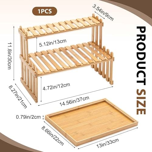 Kathfly 14.6 2-Tier Matcha Station Shelf Stand with 13 Bamboo Matcha Tea Serving Tray Coffee Station Organizer Coffee Bar Storage Rack Mug Holder Countertop for Tea Desktop Flower Pot Cup Display thumbnail 3