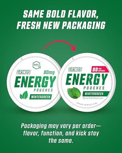 Grinds Energy Pouches - Natural Caffeine Pouches - Contains B-Vitamins, Sugar-Free, & 0 Calories - 80mg of Caffeine in Each Pouch - Wintergreen, Peach, & Sour Apple - 3 Pack, 15 Pouches Per Can thumbnail 2