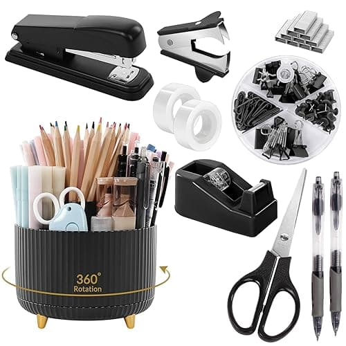 SKYDUE Black Office Supplies, Black Office Desk Accessories 10PCS, Pencil Holder for Desk, Stapler, Tape Dispenser, Scissors, Ruler, Clips and 1000pcs Staples, Desk Supplies Set - Image 1