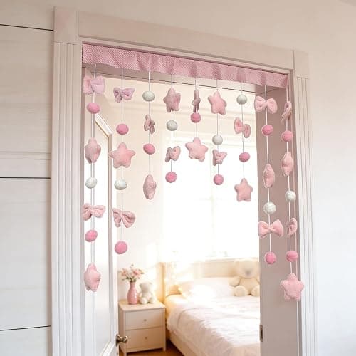 Gtsrlp Kawaii Plush Door Curtain, 33" W x 28" L Self-Adhesive Arc Design, Detachable Hook and Loop for Easy Wash, Pastel Stars Bows for Girls Room, Bedroom, Nursery, Window Decor thumbnail 3