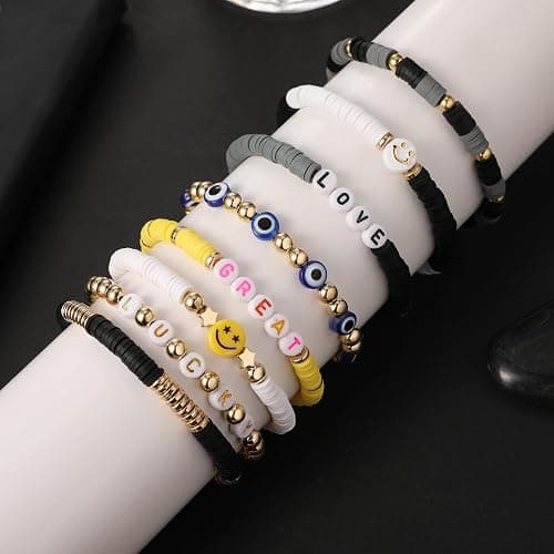 Preppy Bracelets Set Colorful White Gold Smile Heart Star Polymer Beaded Pearl Clay Stackable Charm Y2K Kidcore Aesthetic Summer Beach Bohemian Stretch Layering Bracelets Jewelry for Girls Women Teens thumbnail 6
