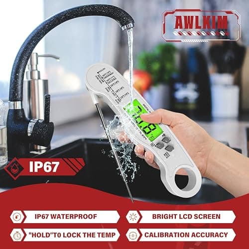 AWLKIM Meat Thermometer Digital - Fast Instant Read Food Thermometer for Cooking, Candy Making, Outside Grill, IP67 Waterproof Kitchen Thermometer with Backlight, Stocking Stuffers for Men - White thumbnail 4