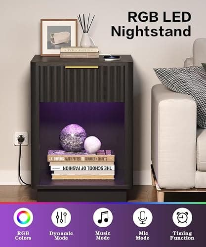 Akxomel Fluted Nightstands Set of 2, Wooden Night Stand with Charging Station and LED Light, Modern Mid Century End Table with Drawer, 15" D x 15.7" W x 22.6" H, for Bedroom, Black thumbnail 4