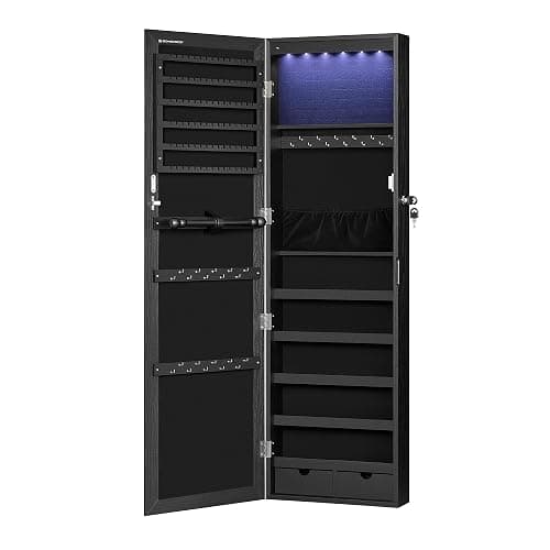 SONGMICS 6 LEDs Mirror Jewelry Cabinet, 47.2-Inch Tall Lockable Wall or Door Mounted Jewelry Armoire Organizer with Mirror, 2 Drawers, 3.9 x 14.6 x 47.2 Inches, Black UJJC093B01 thumbnail 8