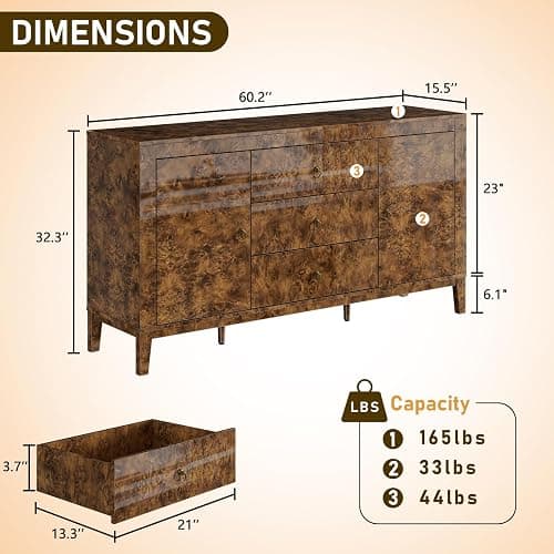 LUXOAK 60'' Burl Wood Buffet Sideboard, High Gloss Storage Cabinet with 3 Drawers & 2 Closed Cabinets, Mid-Century Modern Buffet Table for Dining Room Living Room, Dark Brown Burl thumbnail 2