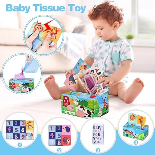 6 In 1 Baby Toys, 6-12 months Baby Toys, 0-6 12-18 Montessori Toddler Gifts For Toddlers, Farm Animals Playset & Teething & Stacking Building Block Cup & Tissue Box & Sensory Bin For Development thumbnail 4