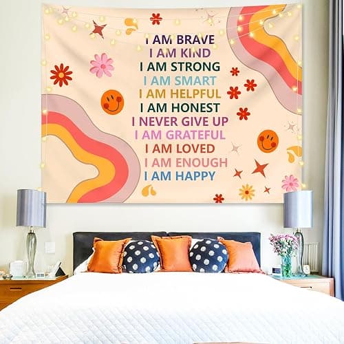 KJHL Rainbow Motivational Tapestry Wall Hanging Quote Positive Affirmations Saying Inspirational Classroom Tapestries Aesthetic Boho Kids Room Decor for Bedroom Living Room Dorm (59" x 79") thumbnail 3