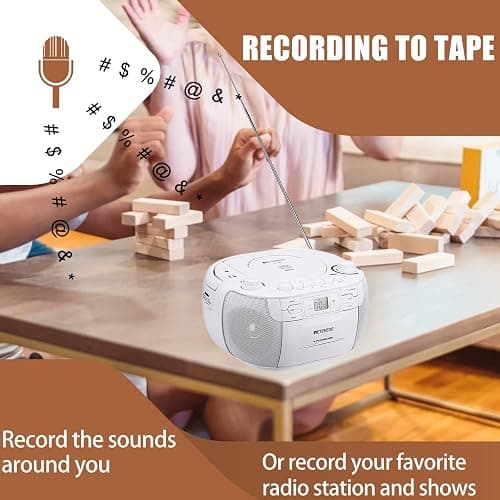 Retekess TR621 CD and Cassette Player Combo, Boombox CD Player for Home, AM/FM, Tape Recording, TF/USB Drive, AC or D Battery Powered, Headphone Jack, Stereo Sound (White) thumbnail 6