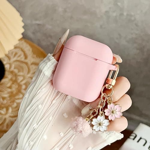 Cute Pink Case for Airpods 2nd/1st Generation Cover for Girl Women with Pom pom Flower Keychain & Cleaner Kit, Soft Silicone Airpods iPod 2/1 Gen Protective Cover Skin for Airpod 2/1, Pink thumbnail 2
