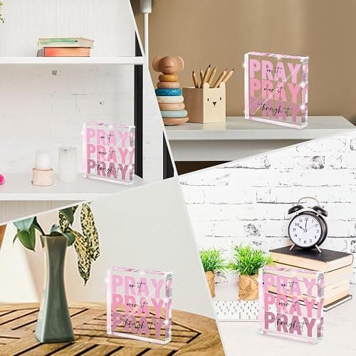 zaxek Pink Inspirational Decor Pray Over It Bible Verse Wall Art Christian Gifts for Women, 4x 4 Inches Office Desk Accessories Decor Sign, Pink Dorm Room Decor for Women - Pray on it Pray through it - Modern thumbnail 4