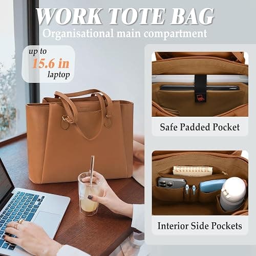RAINSMORE Laptop Bag for Women 15.6 Inch Work Tote Bags Waterproof Computer Bags Leather Professional Laptop Purse Womens Laptop Briefcase Large Handbag for Office Teacher Travel, Brown thumbnail 3