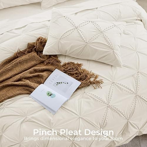 Sasttie Queen Comforter Set, 7-Piece Bed in a Bag, Pintuck Bedding Sets for All Season, Includes Comforter, Flat Sheet, Fitted Sheet, Pillowcases and Pillowshams, Beige thumbnail 4