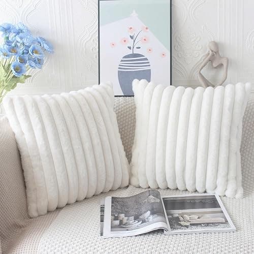 NIULAA Cream White Cushion Covers 45 x 45 Fluffy Faux Fur Cushion Covers 18x18 Set of 2 Pillow Covers Soft Plush Pillowcases for Sofa Bed Moroccan Style Home Decor Cushion Cover thumbnail 3