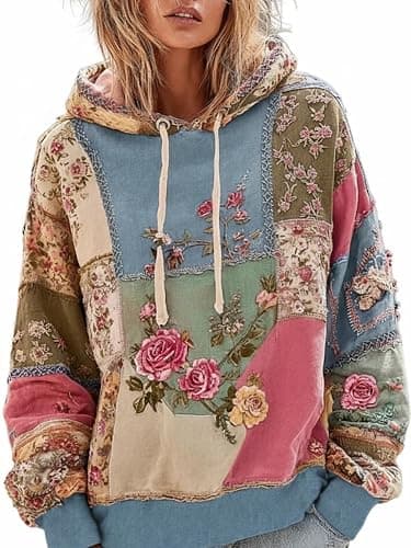 BAIREG Women's Vintage Boho Patchwork Floral Hoodie Oversized Rose Print Sweatshirt Casual Loose Pullover with Drawstring - Image 1
