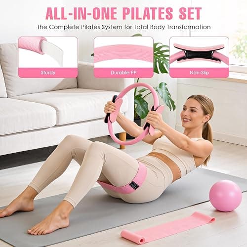 Pilates Kit for Home Workouts, Pilates Equipment Home Pilates Essentials Kit for Women with Pilates Ring and Ball Set, Socks, ankle resistance bands with cuffs, Resistance Band and Massage ball thumbnail 2