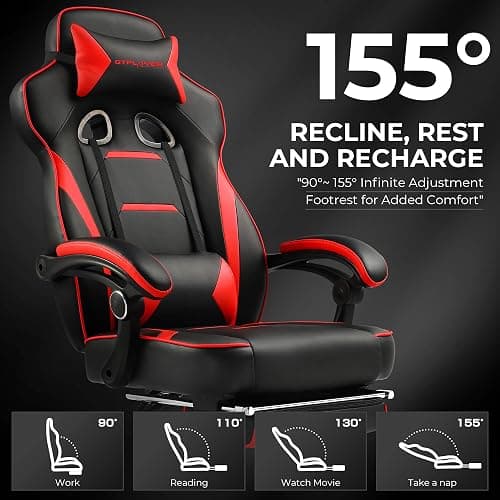 GTPLAYER Gaming Chair with Footrest, Big and Tall Game Chair 350lb Racing Style Computer Chair, Ergonomic Executive Office Chair High Back with Lumbar Support and Recliner, Red thumbnail 4