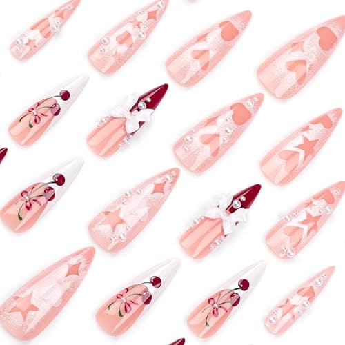 IMRAIN Long Press on Nails Stiletto Red French Tips Fake Nails Full Cover Glossy Acrylic Nails Press ons Cute Cherry & Bow Designs Glue Stick on False Nails for Women 24Pcs thumbnail 4