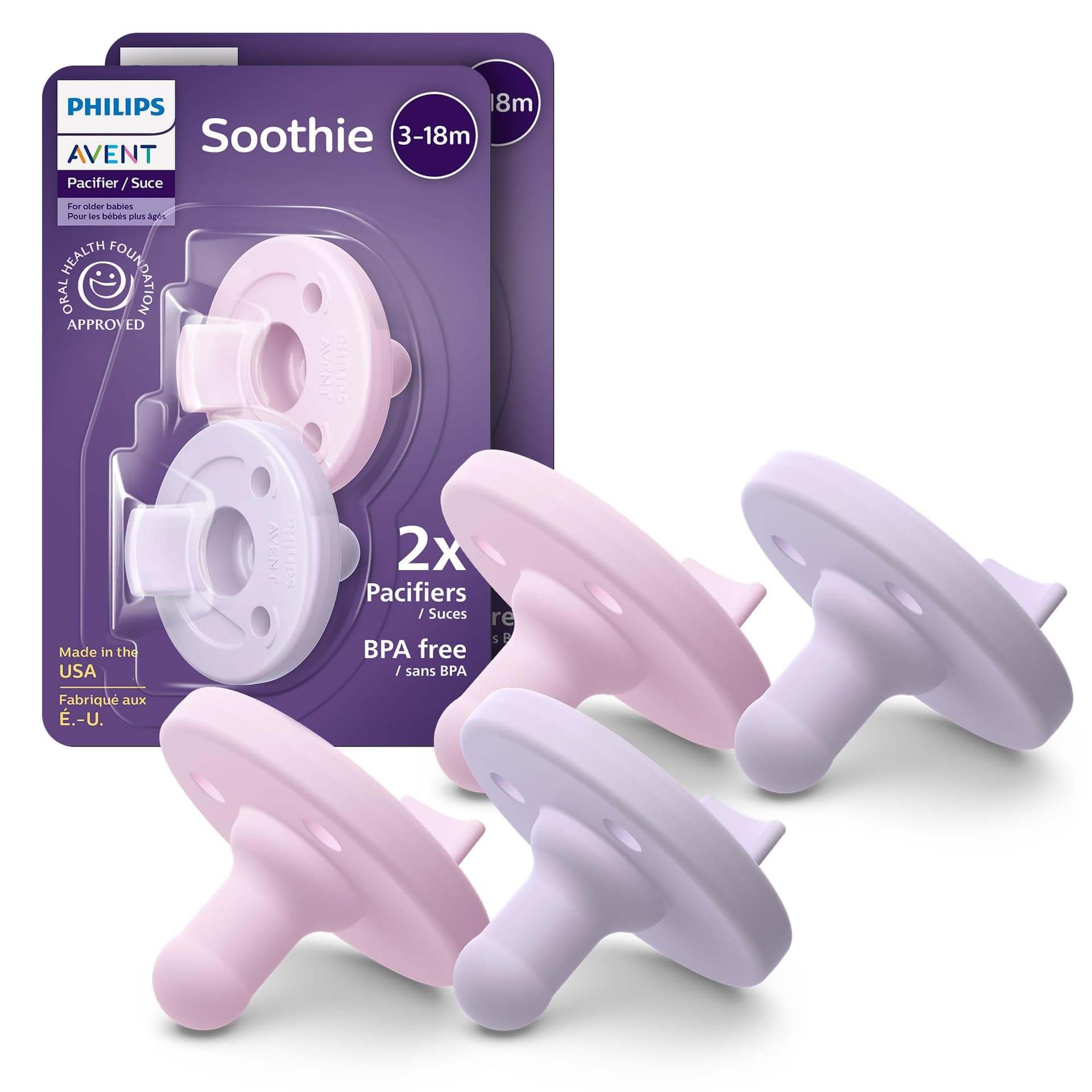 Philips Avent Soothie Chupetes ortodónticos para bebés, chupetes 100% silicona, de una pieza, sin BPA, para bebés de 3 a 18 meses, 2 lilas y 2 rosas, paquete de 4, modelo SCF192/70 - Image 1