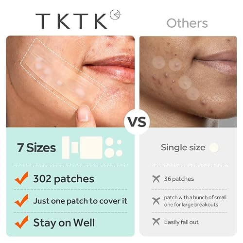 TKTK Large Pimple Patches for Face, 7 Sizes XL Acne Patches, Big Hydrocolloid Bandages for Body, Chin, Forehead, Chest, Back Zit Breakouts, Hydrocolloid Patch (Strip, Square, Dot 302 Count) thumbnail 5