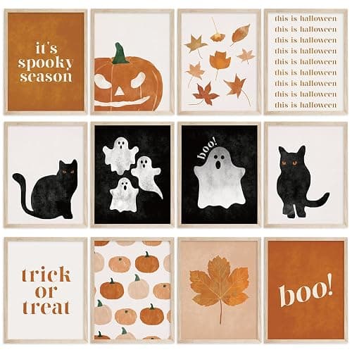 JarThenaAMCS 12Pcs Halloween Wall Art Prints Boho Ghost Pumpkin Black Cat Art Poster Black Orange Wall Decor For Fall Gallery Living Room Bedroom, UNFRAMED, 11 x 14 Inch - Image 1