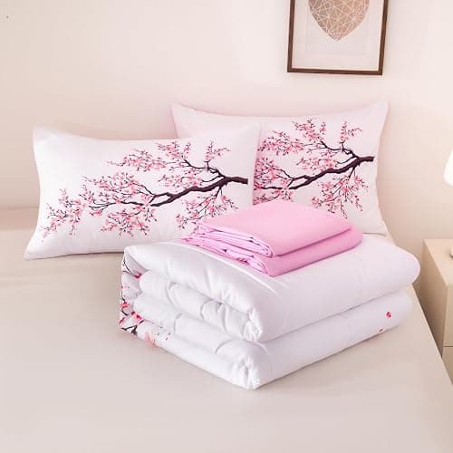 Suncloris Red Cherry Blossom Comforter Set Queen, 5pc Sakura Floral Bedding Set, Includes Lightweight Quilt, 2 Pillowcases, Flat & Fitted Sheet, Microfiber Bedding for Girls Teens (Red (5pcs), Queen) thumbnail 7