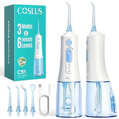 COSLUS C51 Portable Water Flosser for Teeth: 3 Modes & 6 Pressure Settings with Jet Mode Water Dental Pick for Orthodontic, Braces, Sensitive Gums, Compact for Travel, 300ML for Multiple Users, White - Image 1