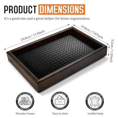 Wooden Valet Tray Desk Organizer with Leather Base,Nightstand, Entryway Bedside Dump Holder for Wallets, Keys, Watches, Jewelry & Sunglasses thumbnail 2