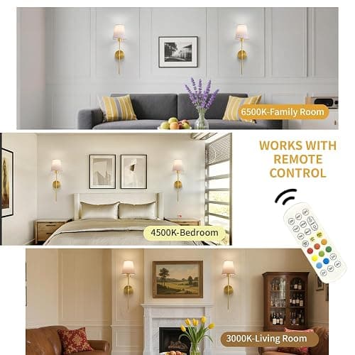 Cyaruy Battery Operated Wall Sconce Set of 2, Gold Rechargeable Wireless Wall Lights with Remote - 5000mAh Dimmable RGB Bulbs | 15 Color, Cordless Wall Lamps for Bedroom, Living Room, Hallway Decor thumbnail 3