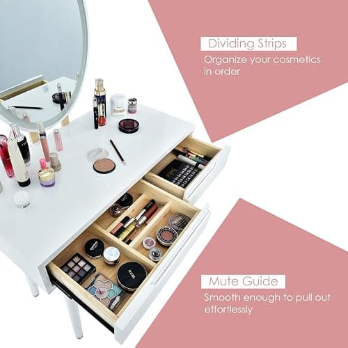 CHARMAID Vanity Set with Lighted Mirror, 3 Modes Adjustable Brightness Mirror, Makeup Dressing Table with Cushioned Stool, 2 Sliding Drawers with Divider, Modern Bedroom Vanity for Girls Women (White) thumbnail 6