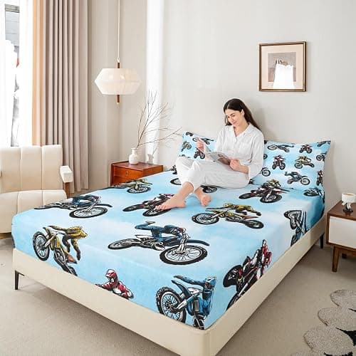 Erosebridal Dirt Bike Bed Sheet Twin Size, Extreme Sport Fitted Sheet for Kids Boys Teens, Motorbike Sport Bedding Set Motocross Rider Bedding Decor Set 2 Pieces with 1 Pillow Case, Blue thumbnail 3