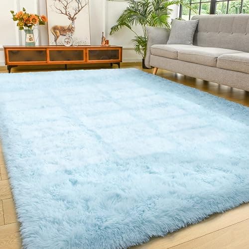 YJ.GWL Area Rugs for Living Room Bedroom, 4x6 Machine Washable Large Light Blue Carpet, Soft Fluffy Shaggy Thick Big Shag Indoor Floor Rug for Kids Boy and Girls Room Dorm Home Decor Aesthetic - Image 1