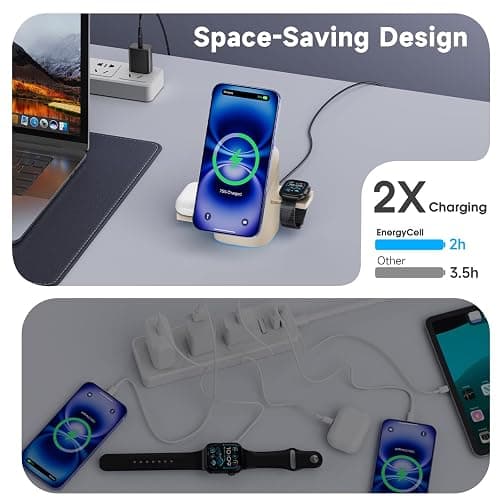 EnergyCell Rotating Wireless Charger, Qi2 Certified 2X Faster 15W for iPhone Charging Station 16/15/14/13/12, Apple Watch, AirPods, 3 in 1 Charging Station Apple Magnetic with Heat Dissipation, Desert thumbnail 5
