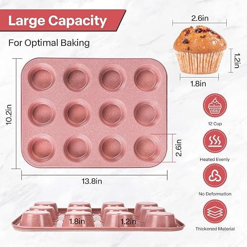Spmarkt 2-Pack Pink Nonstick Muffin Pans, 12-Cup Muffin Cake Pan, 5-Layer Free PFOA/PFOS/PTFE Safe Cupcake Pan, Durable & Easy-Clean Muffin Cup for Baking thumbnail 2