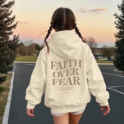 KEEVICI Cute Christian Graphic Hoodies For Girls Faith Over Fear Hoodie Kids Jesus Sweatshirt Religious Bible Verse Pullover thumbnail 5