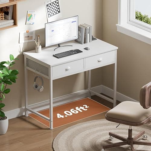 Furologee White Small Computer Desk with 2 Fabric Drawers for Bedroom,34 Inch Simple Home Office Writing Desk, Vanity Desk with Hooks, Study Table for Adults Student Small Spaces thumbnail 2