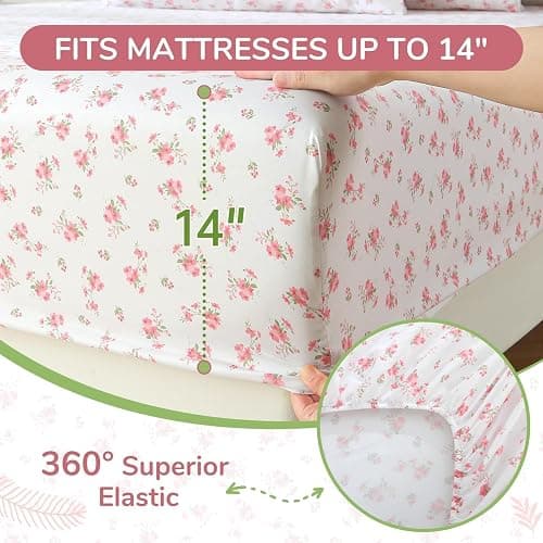 MUXHOMO Queen Size 4 Piece Sheet Set, Soft Breathable Bed Sheet Set for Bedroom with Deep Pocket Up to 16", Wrinkle-Free & Cooling Bedding for Oeko-TEX Certified - Blossoms Pink thumbnail 6