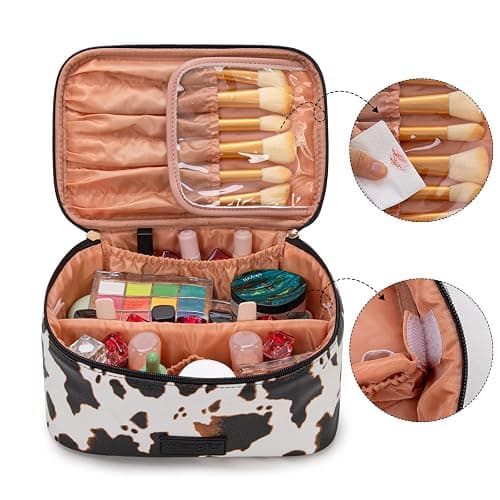 Montana West X Wrangler Travel Makeup Bag 2pcs Set Large Cosmetic Bag with Makeup Brush Holder Portable Make Up Organizer Cute Toiletry Bag with Divider and Handle for Women thumbnail 3