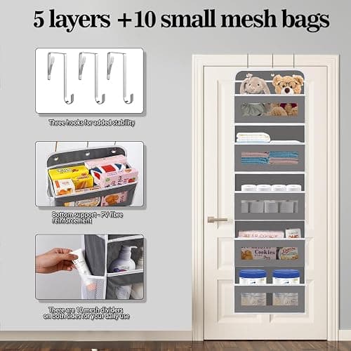 KYEVIS Over The Door Organizer, 5 Shelves Closet Door Hanging Storage and Organizer with 10 Mesh Pockets, Nursery Closet Organizer, Baby Essentials, Stuffed Animal Storage thumbnail 5