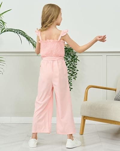 SODLON Girls Jumpsuit Kids Romper Cute Summer Smocked Outfits Size 5-12Y | Fashion Preppy Girls Clothes, Ruffle School Graduation Picture Girl Jumper, Sleeveless Tween Jumpsuits with Belted & Pockets thumbnail 4