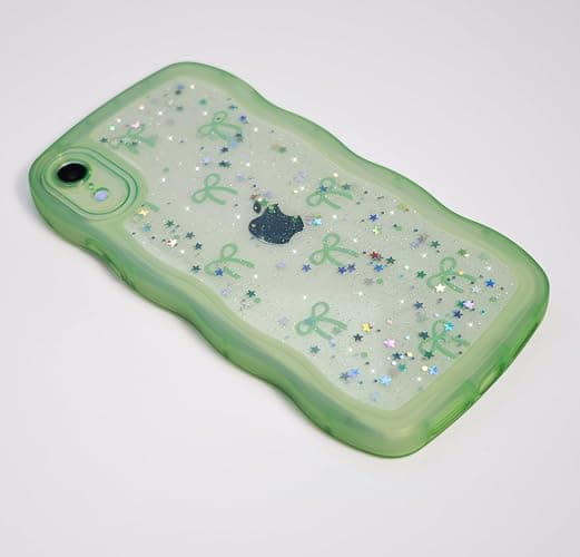 Qokey for iPhone XR Case, Glitter Star & Curved Edge Handle Grip Design, Military-Grade Shockproof Clear TPU Cover, Sparkle Protection Scratch-Resistant, Holographic Sage Green Bow thumbnail 5