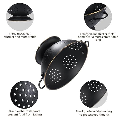 Metal Colander Set of 2, Strainer Basket with Handles perfect for Spaghetti, Pasta, Berry, Vegetable, Fruit, Solid Base Powder Coated Self-draining Kitchen Colander Bowel, 3.5 & 5 Qt, Matte Black thumbnail 5
