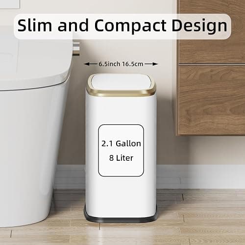 KHMMGK 8L/2.1 Gallon Small Bathroom Trash Can with Lid, Swing-Top Rectangular Waste Bin, Stainless Steel Garbage Can for Home, Office, Toilet, Bedroom, Living-Room (White) thumbnail 2
