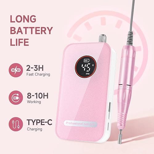 Professional Nail Drill Electric File 45000RPM, Portable Rechargeable Electric Nail File with 11 Drill Bits & 50 Sanding Bands, Low Noise Nail Drill Kit for Acrylic Gel Nails, Salon & Home Use, Pink thumbnail 3